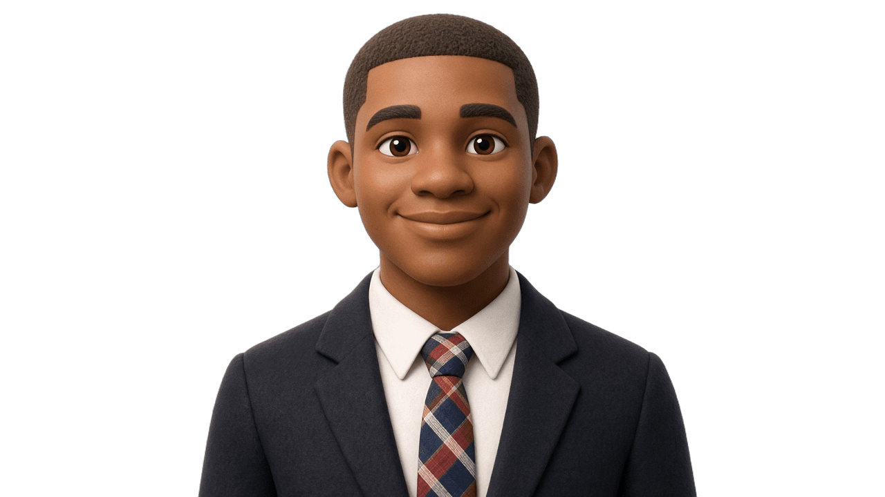 Christopher Nguu, stylized clay portrait in a navy suit and plaid tie